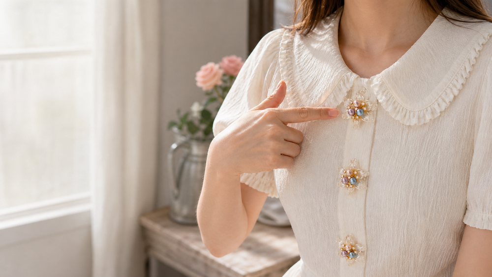 Removable pearl and crystal button covers styled on an ivory blouse