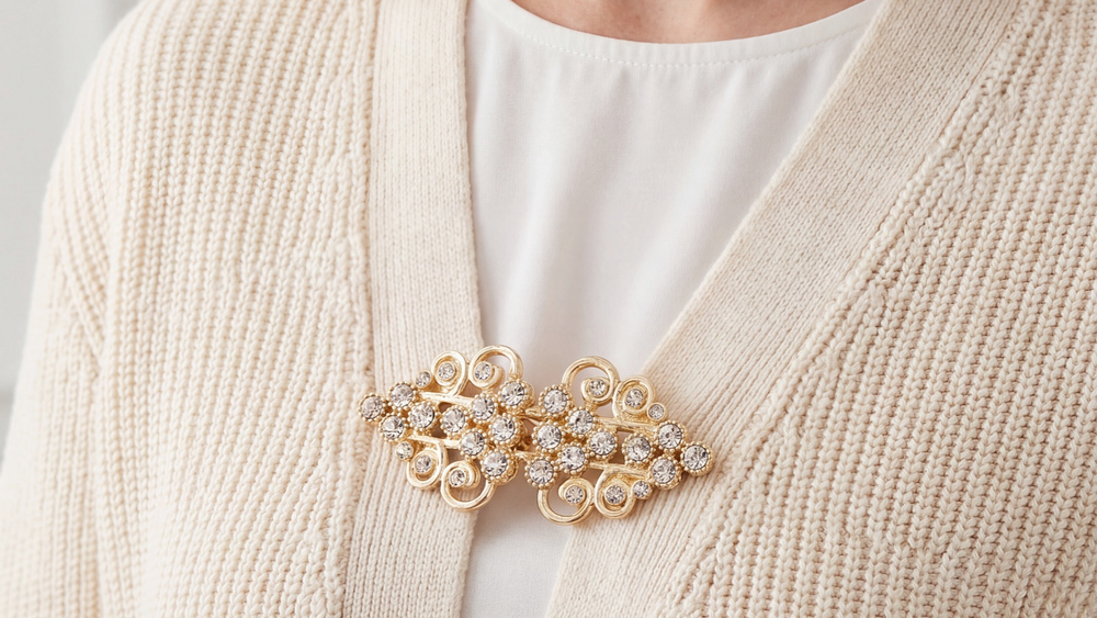 Gold crystal sweater clip worn in a relaxed line across a cream cardigan