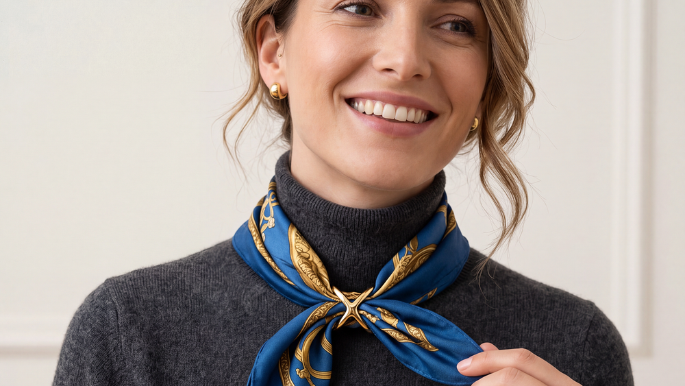 Gold scarf ring styling a blue patterned scarf over a charcoal knit