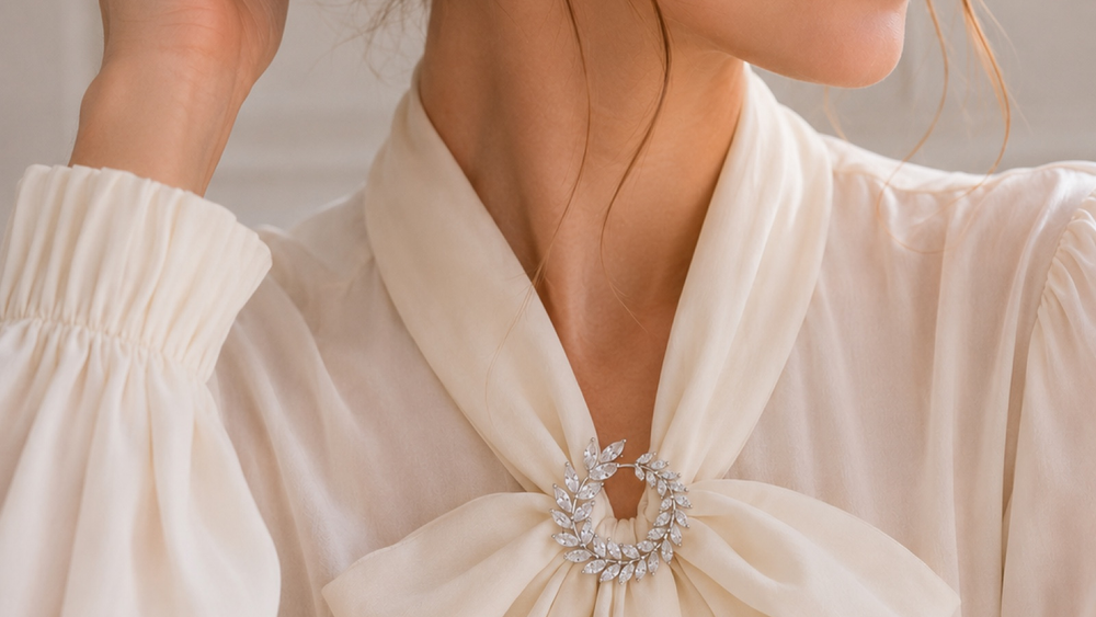 Silver scarf ring gathering a lightweight ivory scarf at the neckline