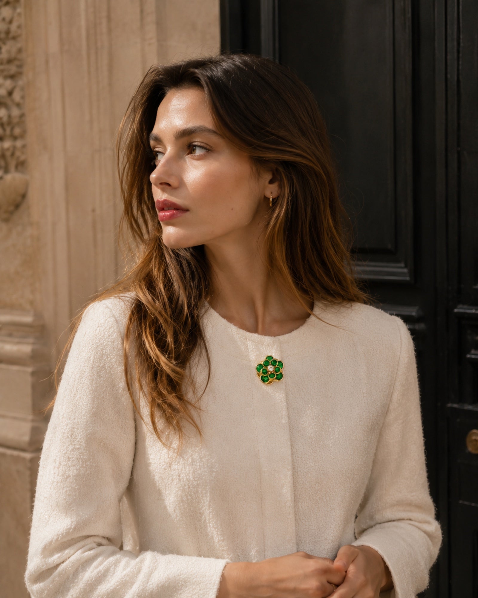 Loop Petal Button Covers in Emerald Green, styled view