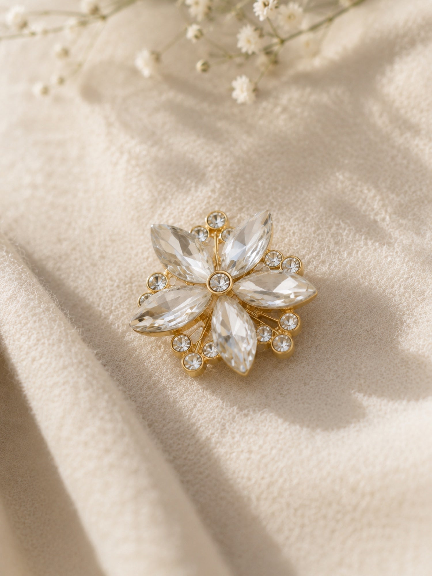 Crystal Petal Button Cover in Crystal Pearl, styled close-up