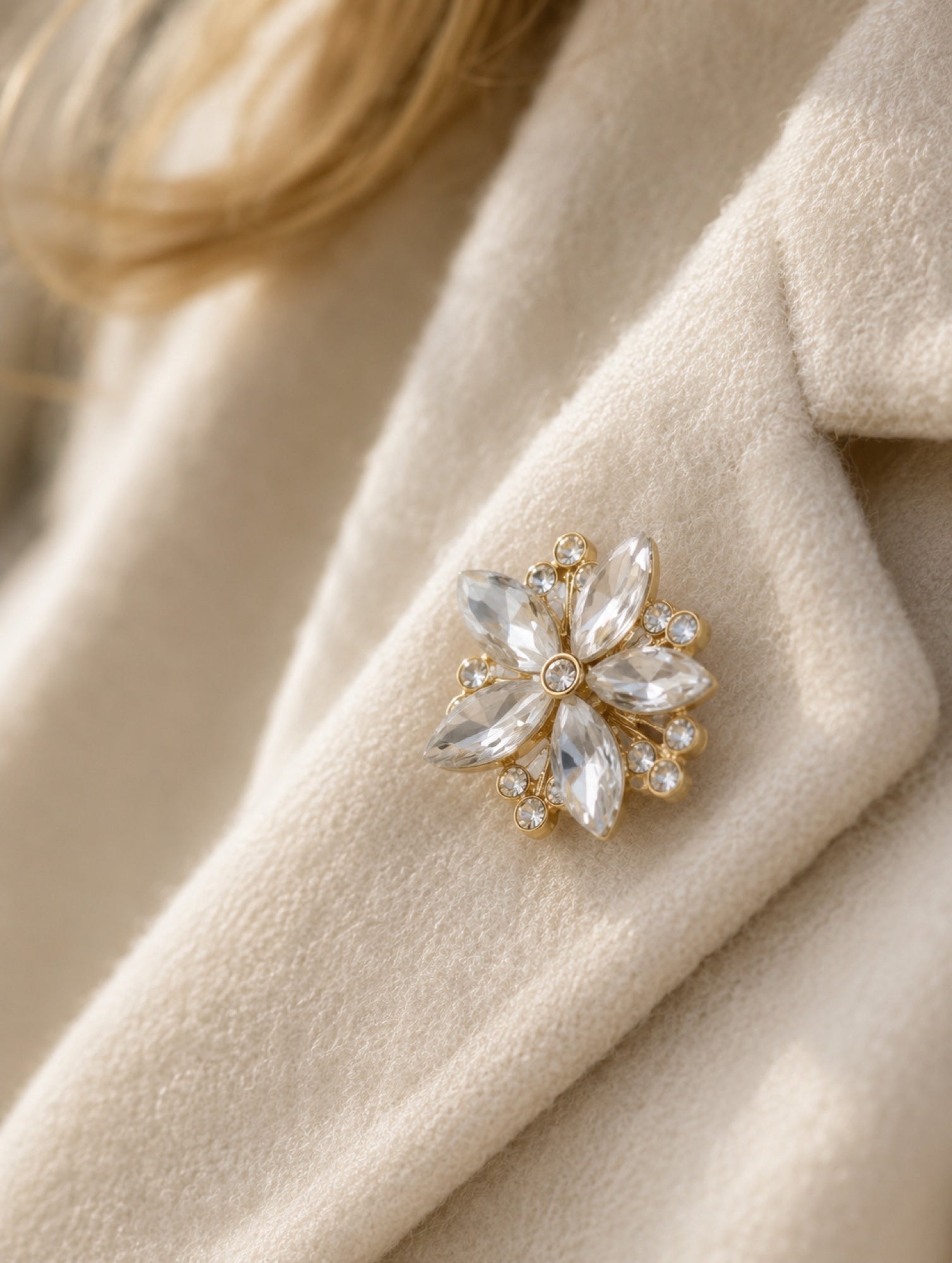 Crystal Petal Button Cover in Crystal Pearl, styled close-up 2