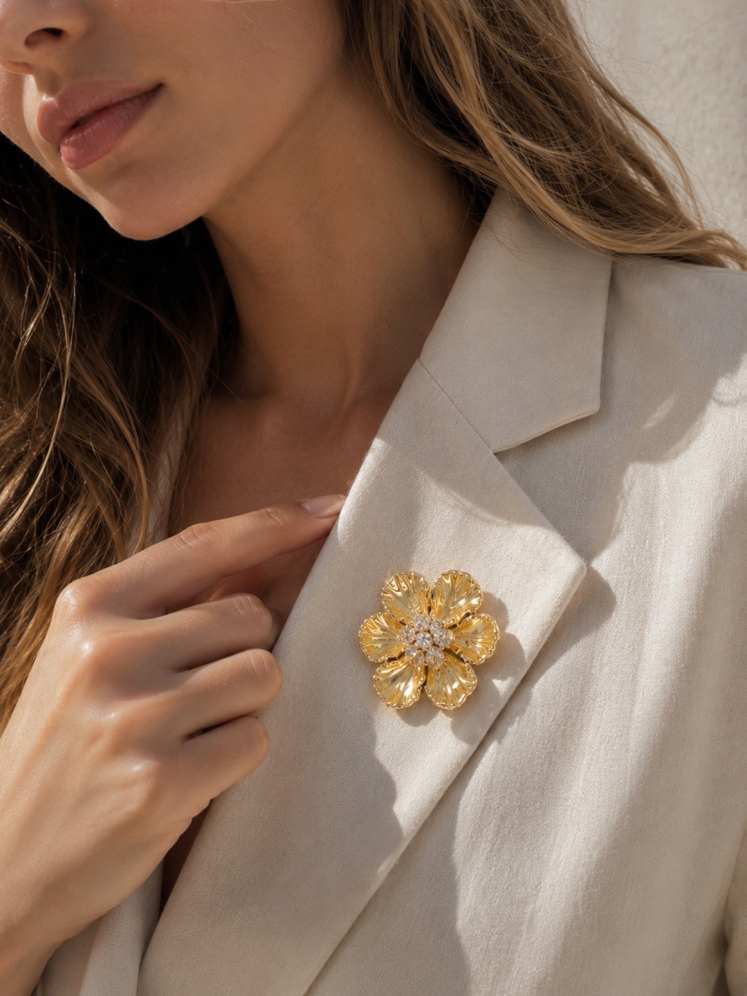 Sculpted Petal Button Cover in Golden Petal, styled view 2