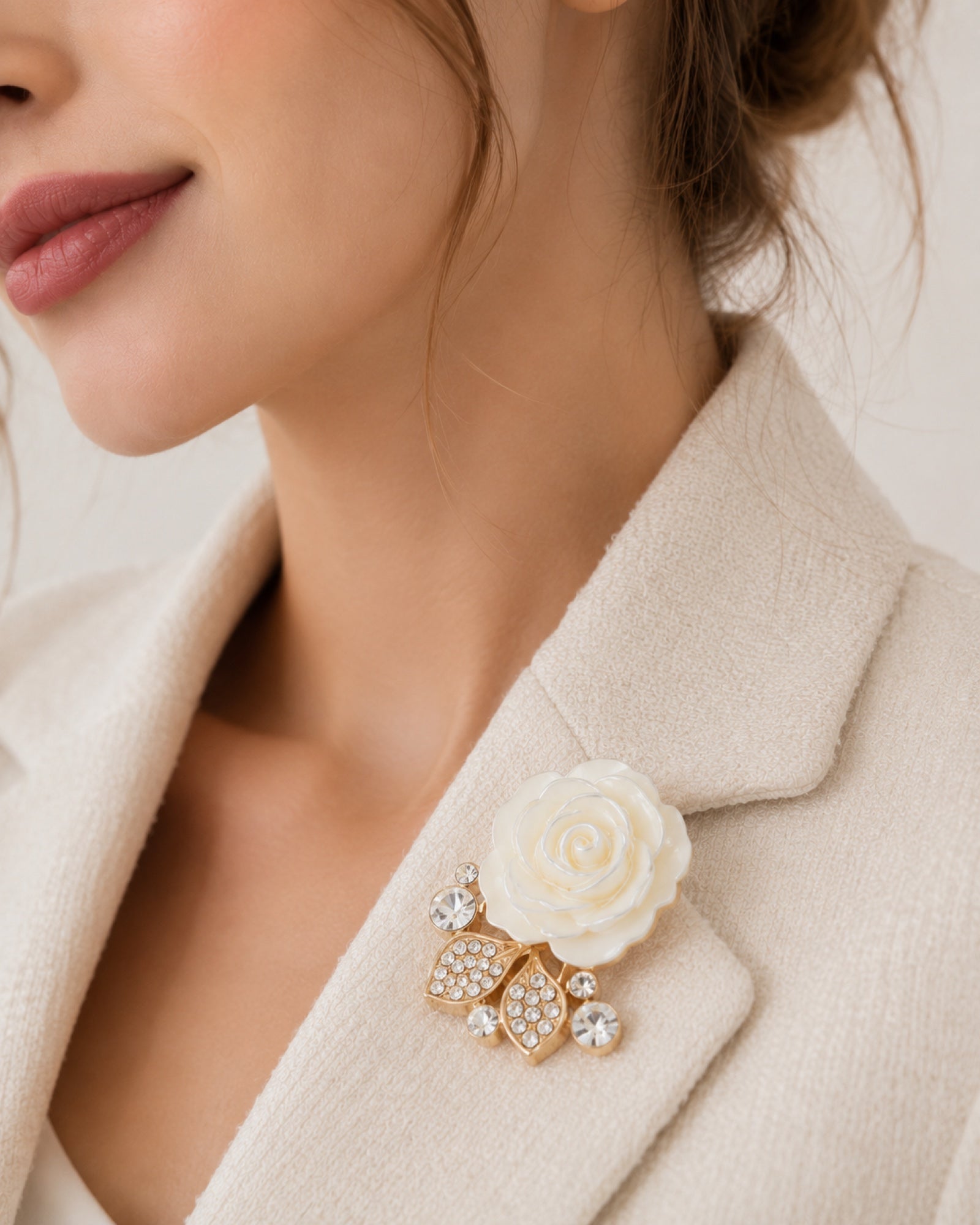 Layered Petal Button Cover in Pearl Gold, styled close-up