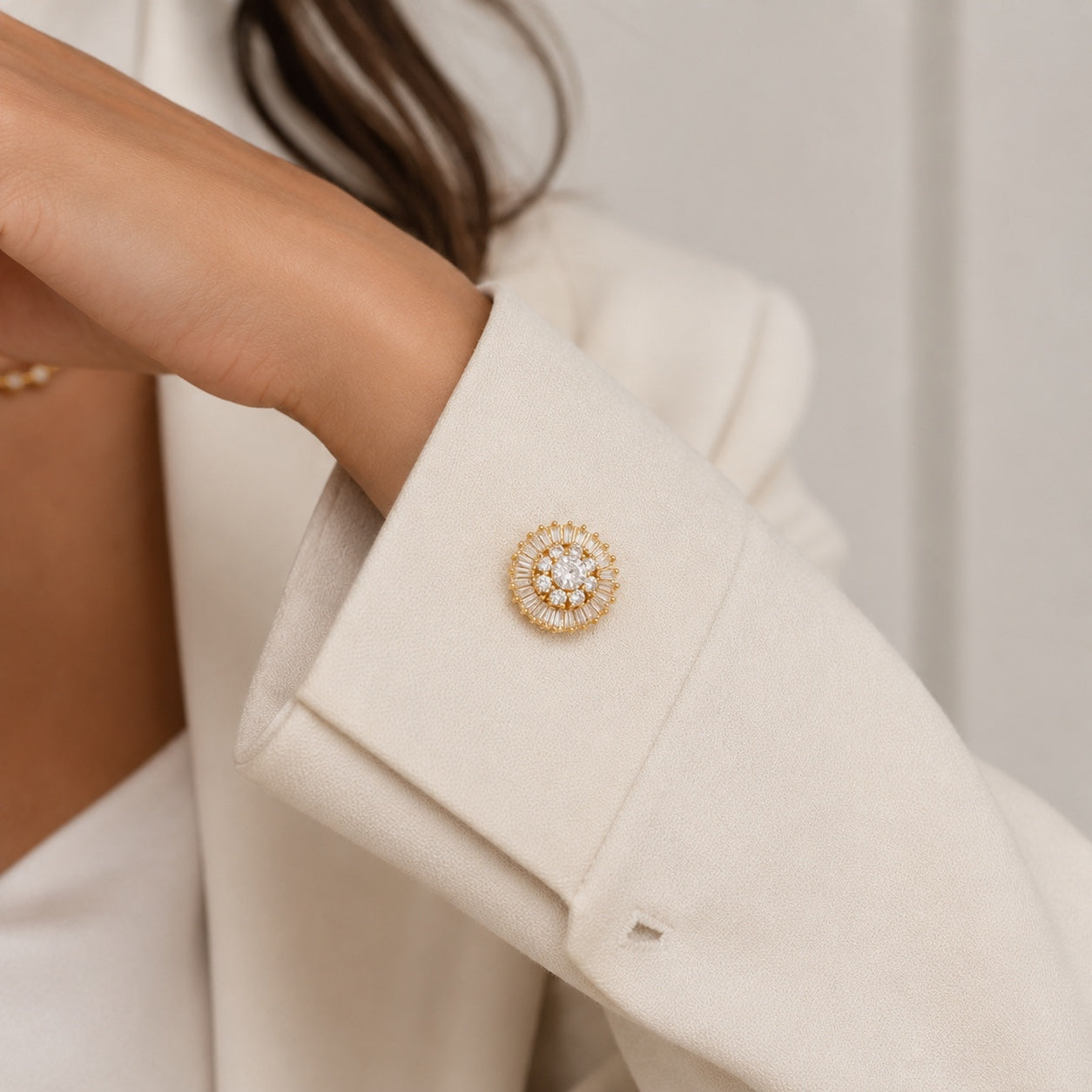 Crystal Sunburst Button Covers in Gold Crystal Blazer Accents by Adornyu