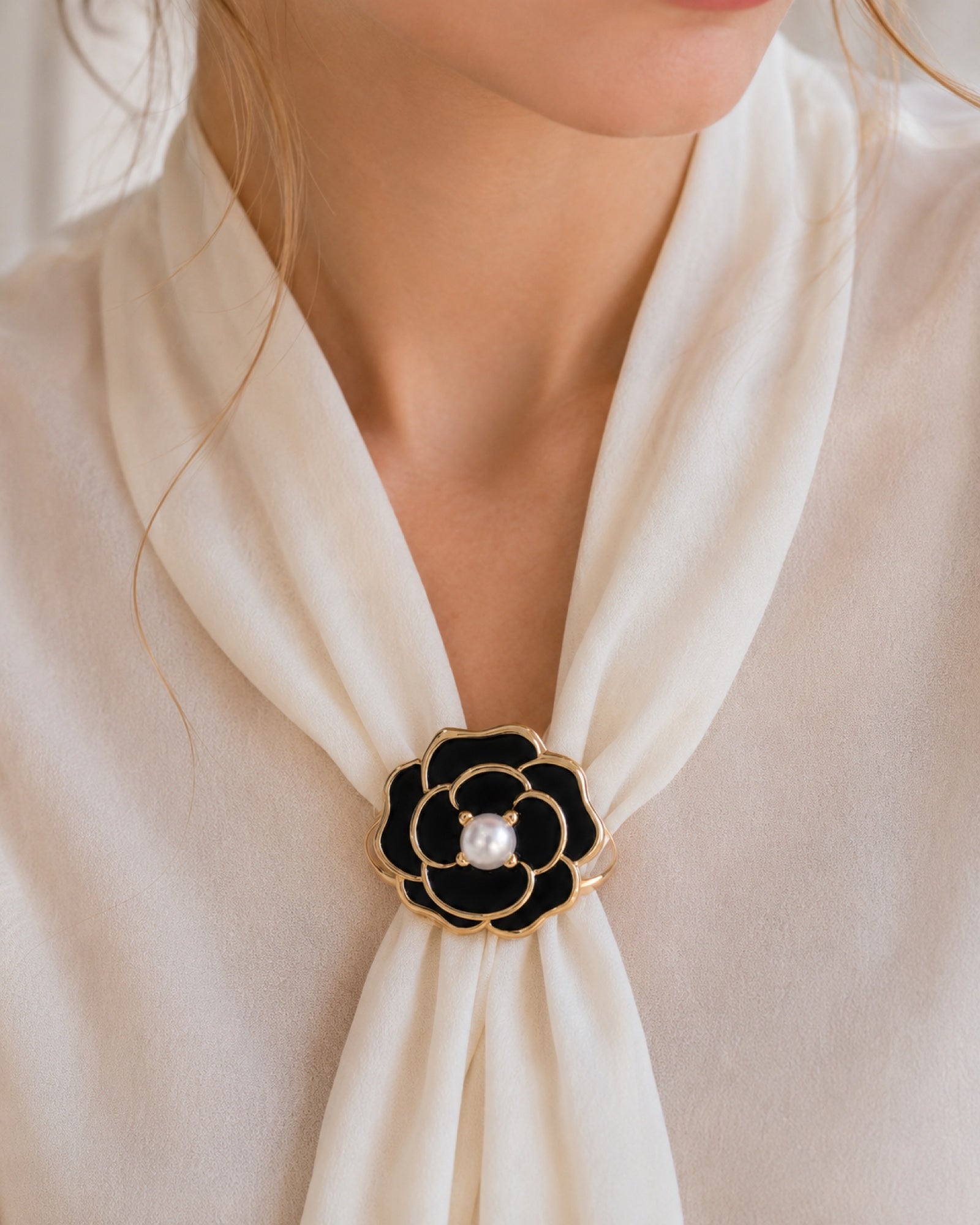 Outlined Bloom Scarf Ring in Black Bloom, styled close-up