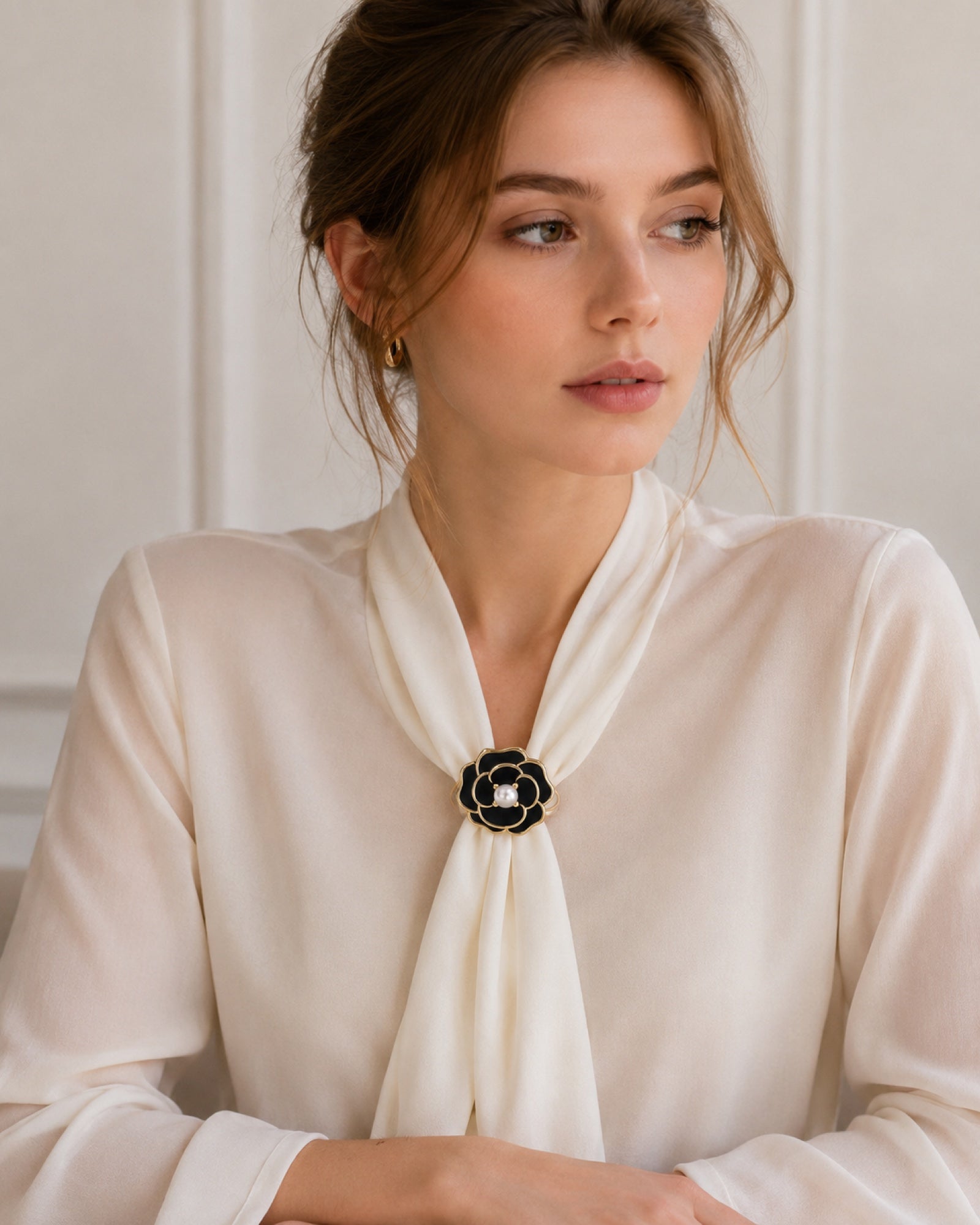 Outlined Bloom Scarf Ring in Black Bloom, styled view