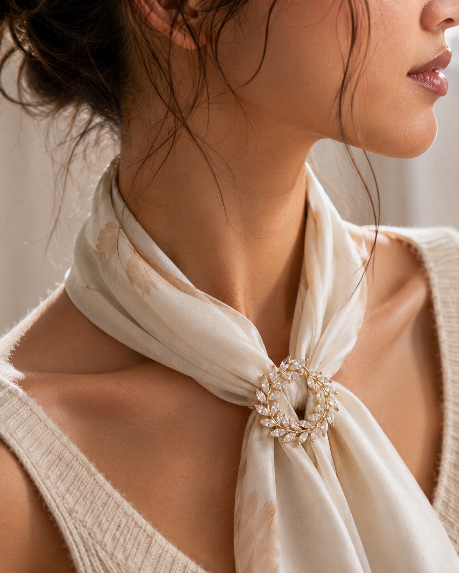 Wheat Knot Scarf Ring in Gold, styled close-up 2