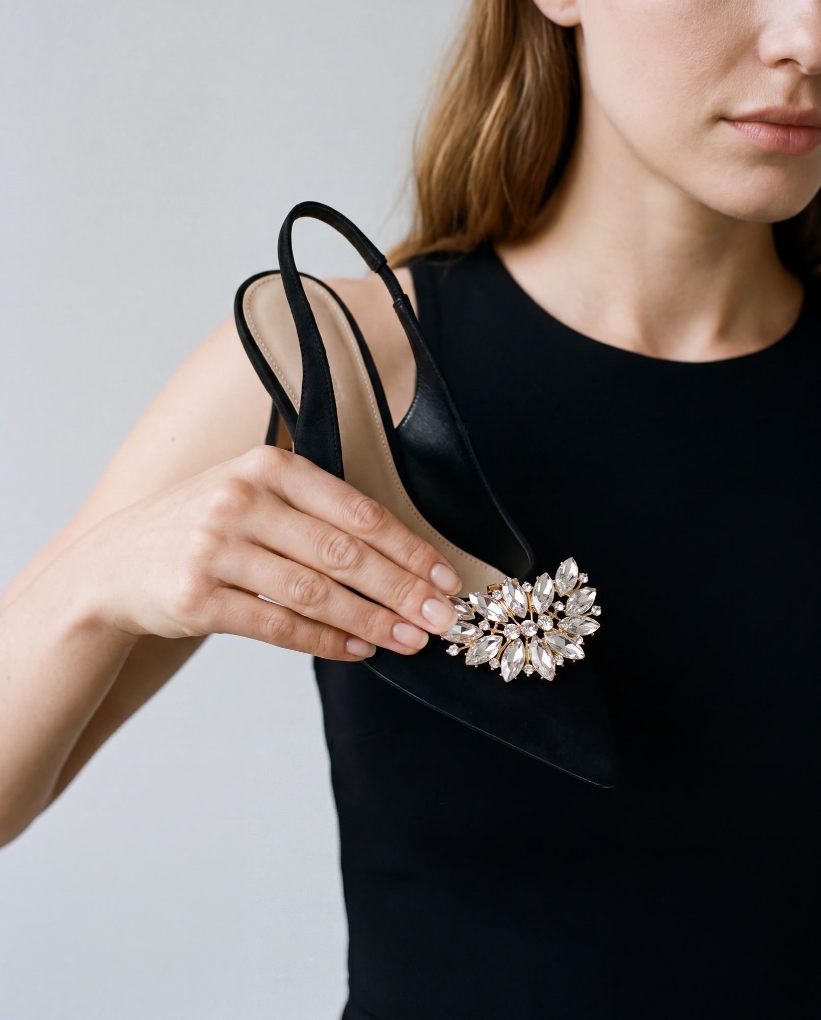 Crystal Fan Shoe Clips in Gold Crystal, styled view 2