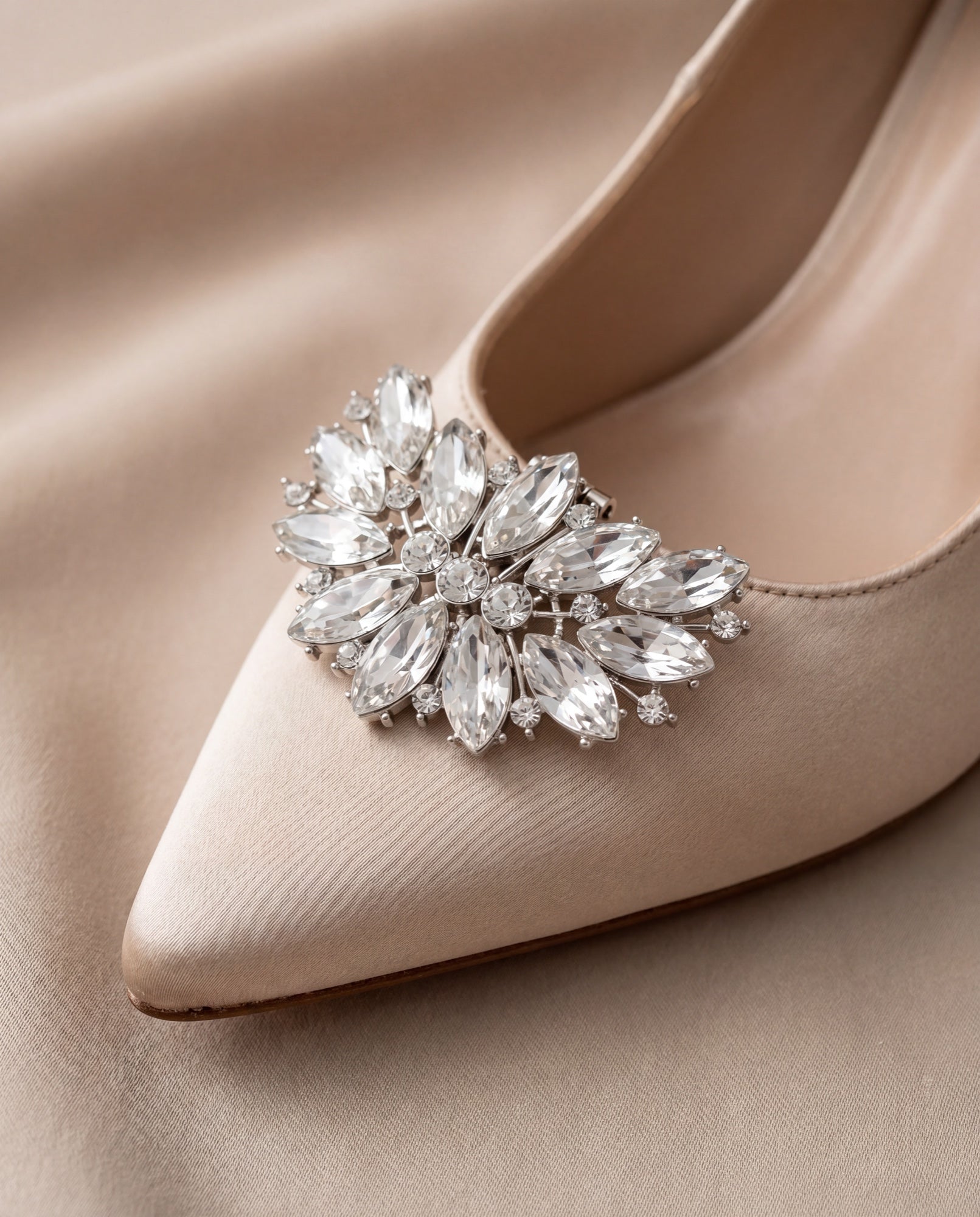 Crystal Fan Shoe Clips in Silver Crystal, styled close-up