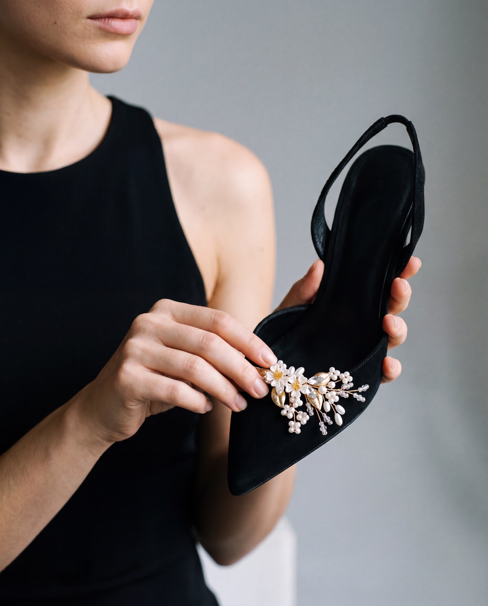 Pearl Blossom Shoe Clips in Pearl Blossom, styled view 2