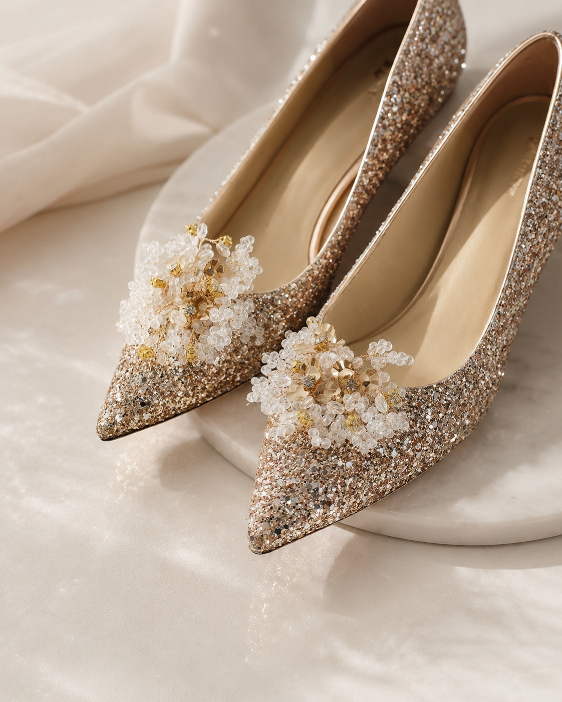 Champagne Crystal Flower Shoe Clips styled in use by Adornyu