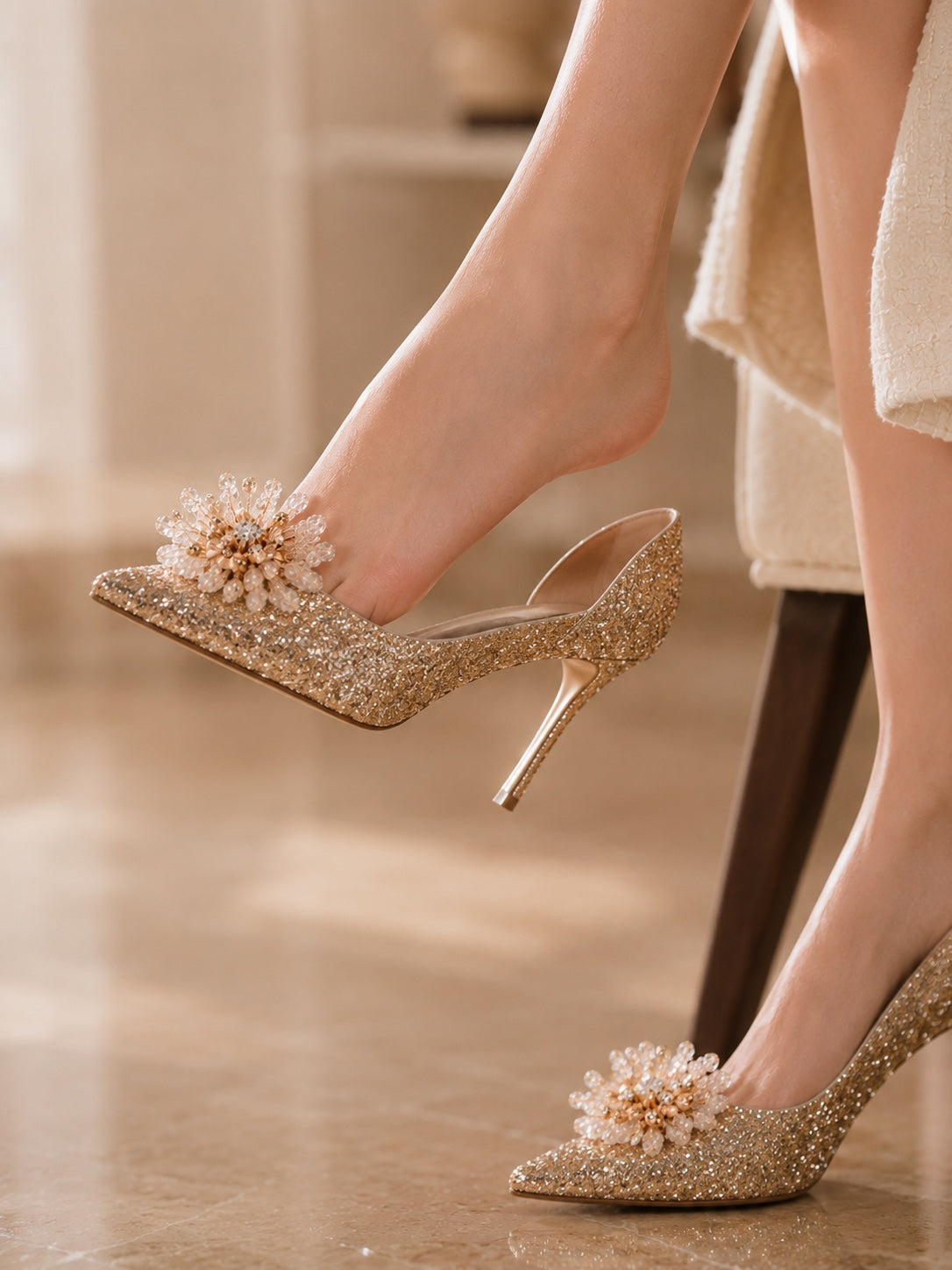 Champagne Crystal Flower Shoe Clips in Champagne Crystal Flower Shoe Clips by Adornyu
