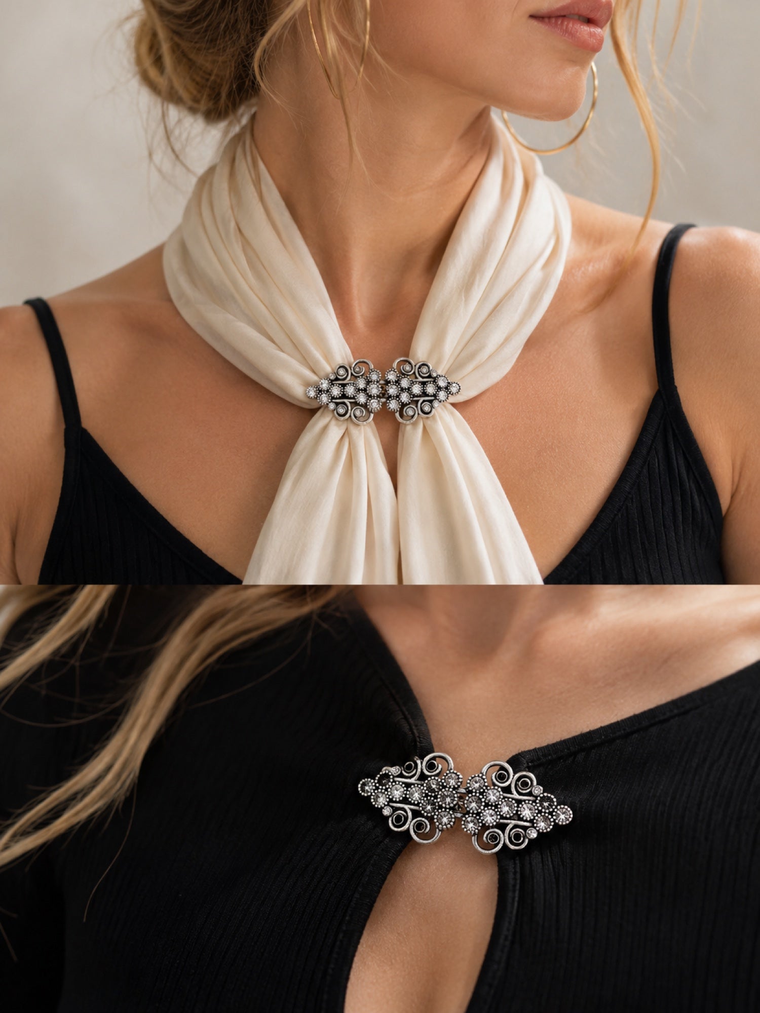 Crystal Scroll Sweater Clip in Antique Silver Crystal, styled view