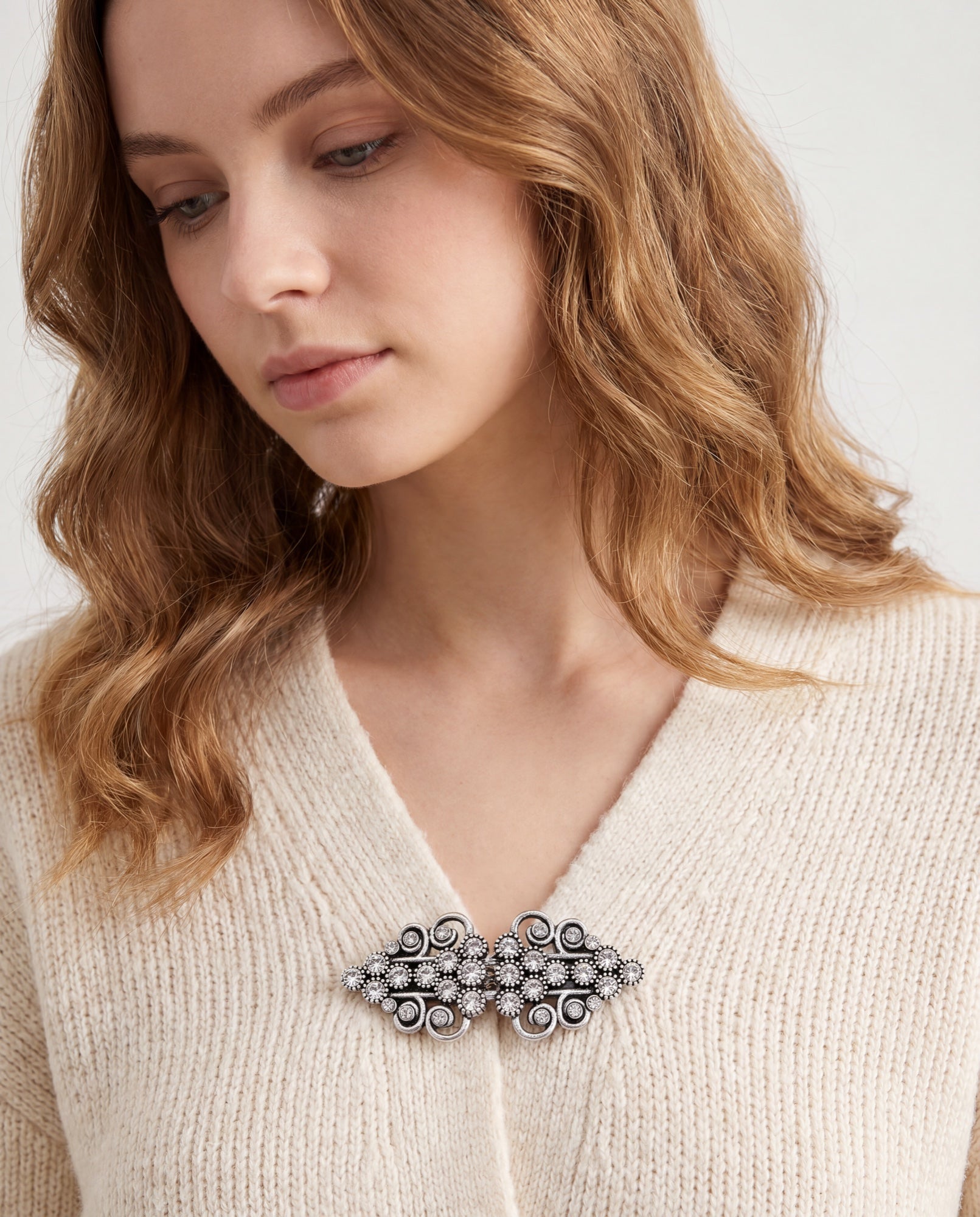 Crystal Scroll Sweater Clip in Antique Silver Crystal, styled view 2