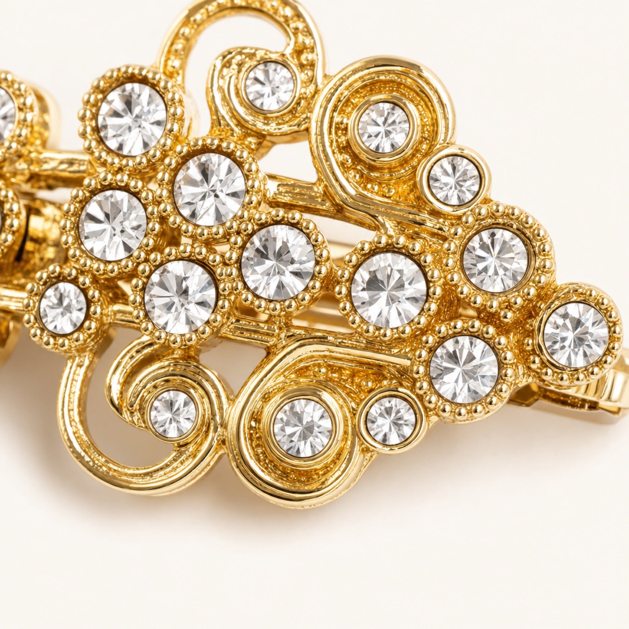 Crystal Scroll Sweater Clip in Gold Crystal, macro product detail