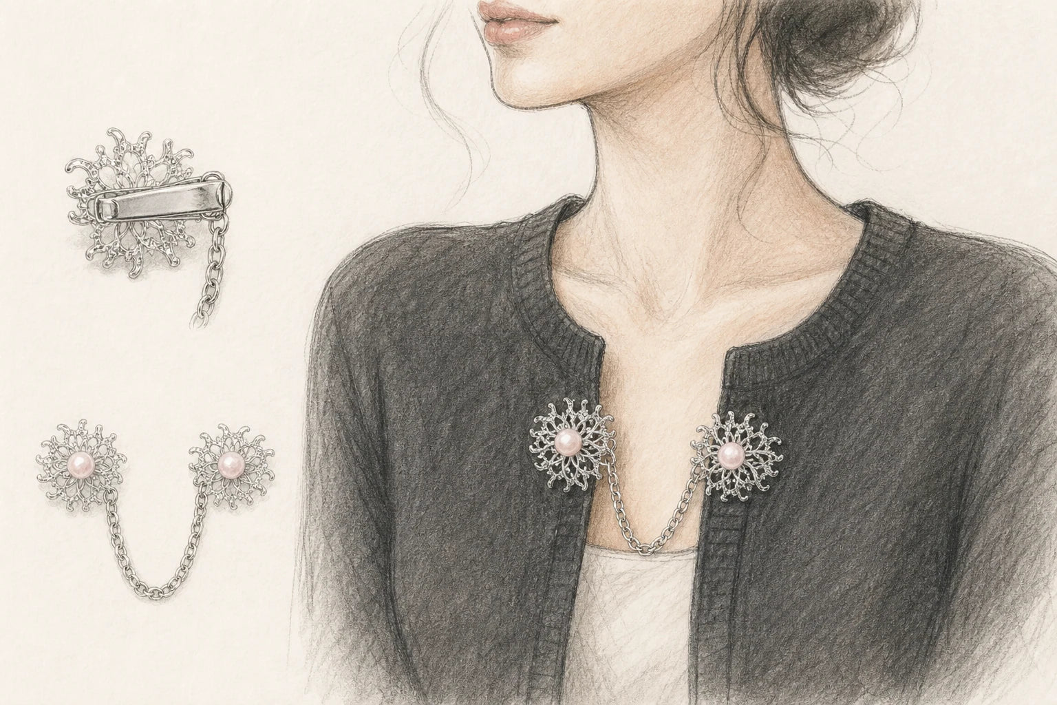 Hand-drawn guide to wearing a pearl sunburst clothing chain clip on a cardigan